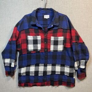 Oli & Hali Oversized Plaid Patchwork Frayed Shacket Red Blue Buffalo‎ Check Med